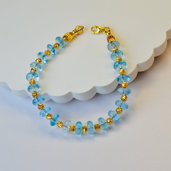 Aquamarine Bracelet  6.5" Gold Filled High Quality Rondelle Beaded Bracelet - Picture 1 of 8